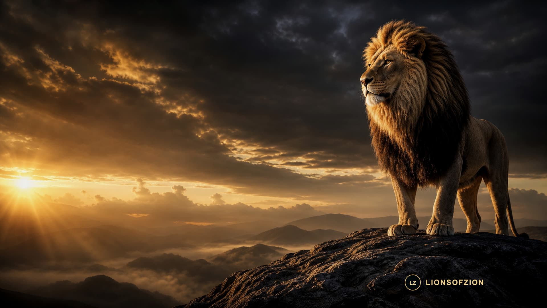 A majestic lion standing on elevated rock at a golden sunrise