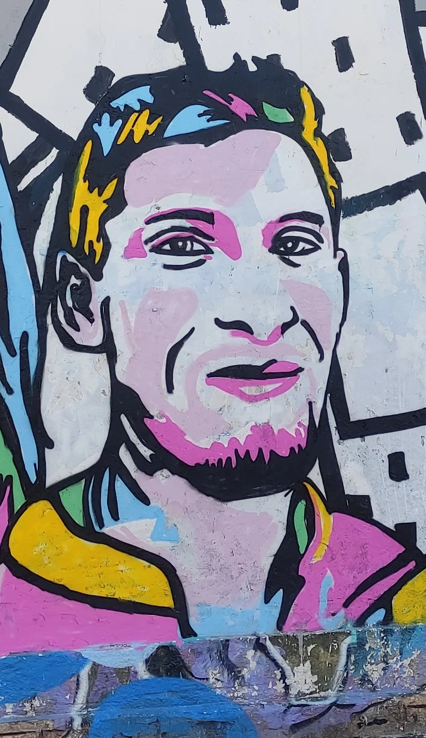 Detail of a memorial mural depicting Aner Shapira, Tel Aviv, December 2023.