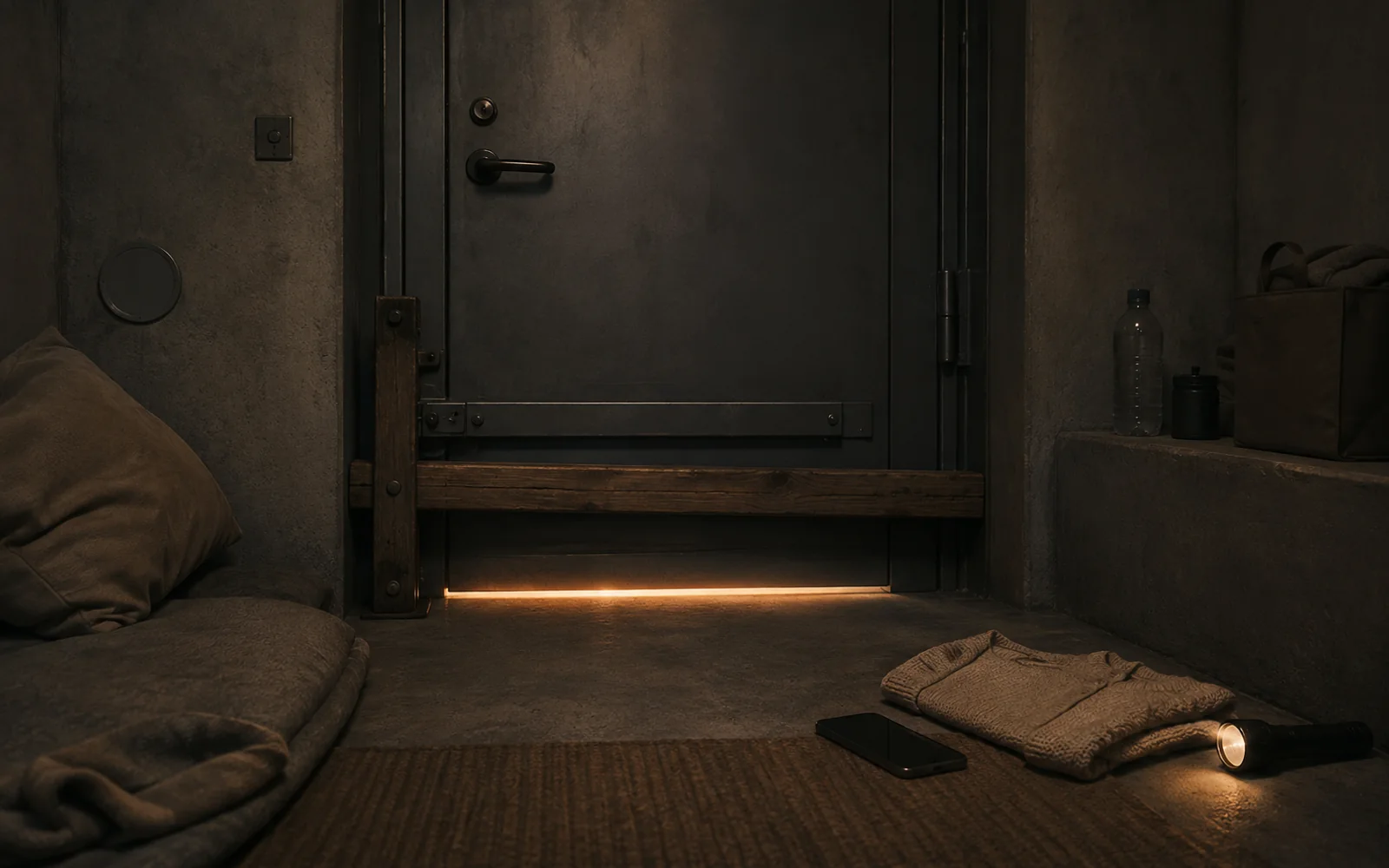 Symbolic safe-cover illustration of a reinforced room door braced from inside, with a phone, flashlight and folded sweater.