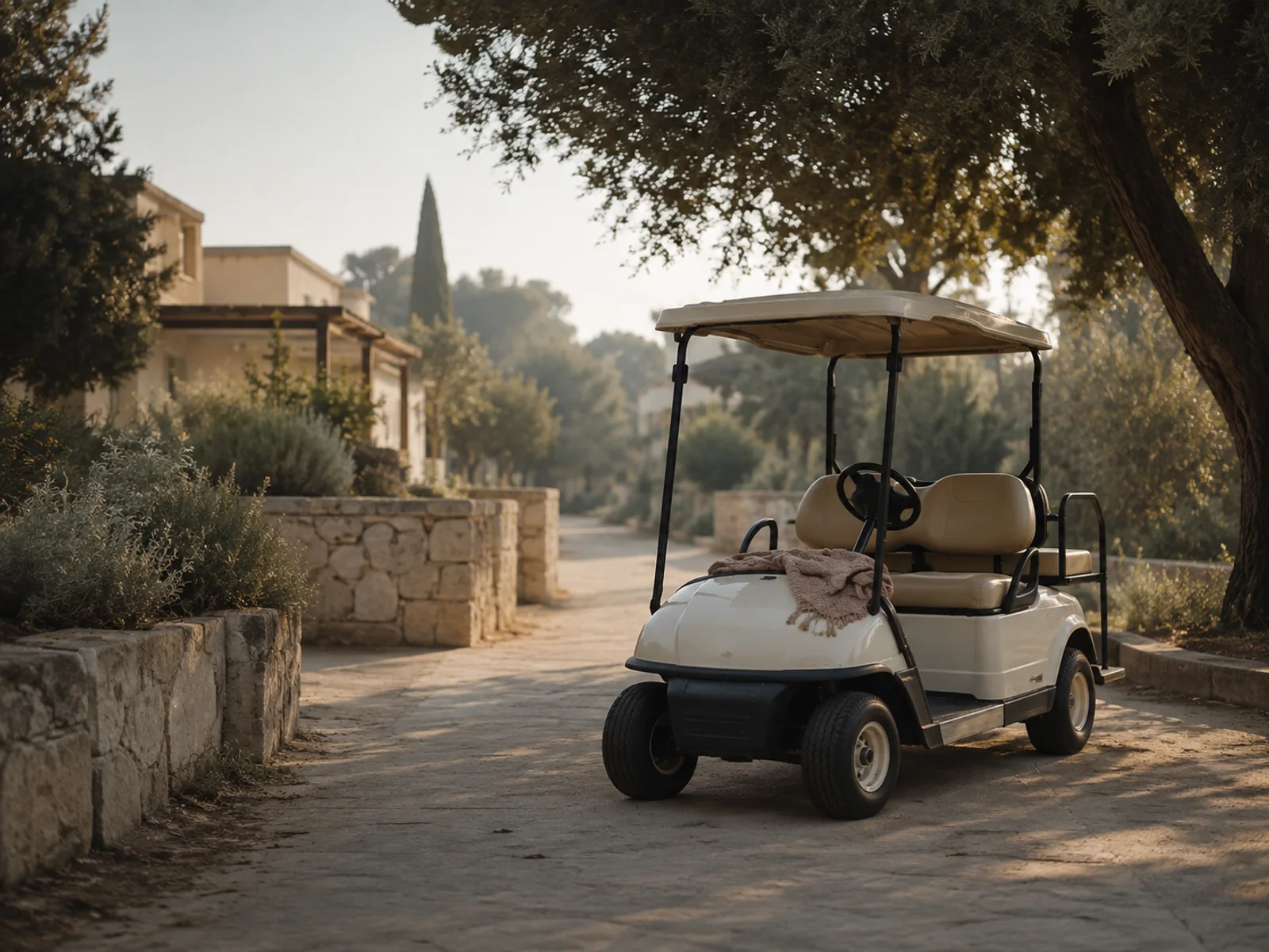 Symbolic safe-cover illustration of an empty white mobility cart on a quiet kibbutz path, with no people or violence shown.