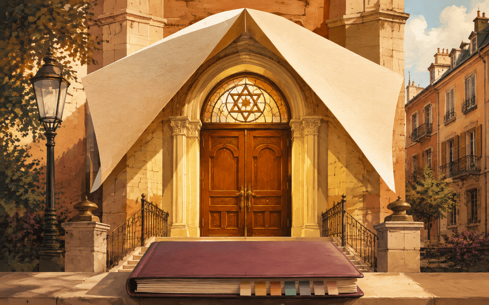 Editorial illustration of a European synagogue entrance sheltered by a protective canopy.