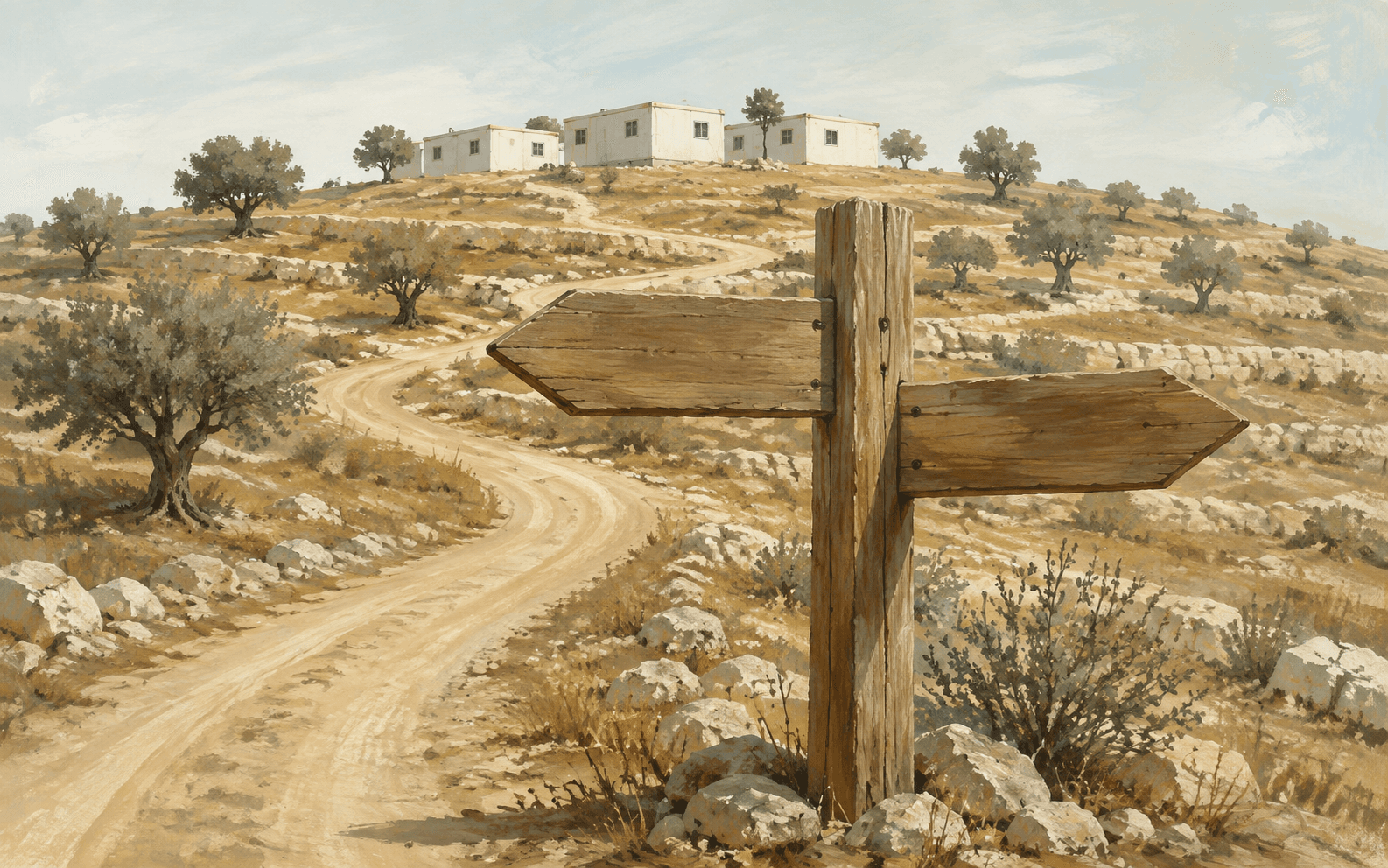 Editorial illustration of modular outposts, a winding hill road and an unmarked decision sign.