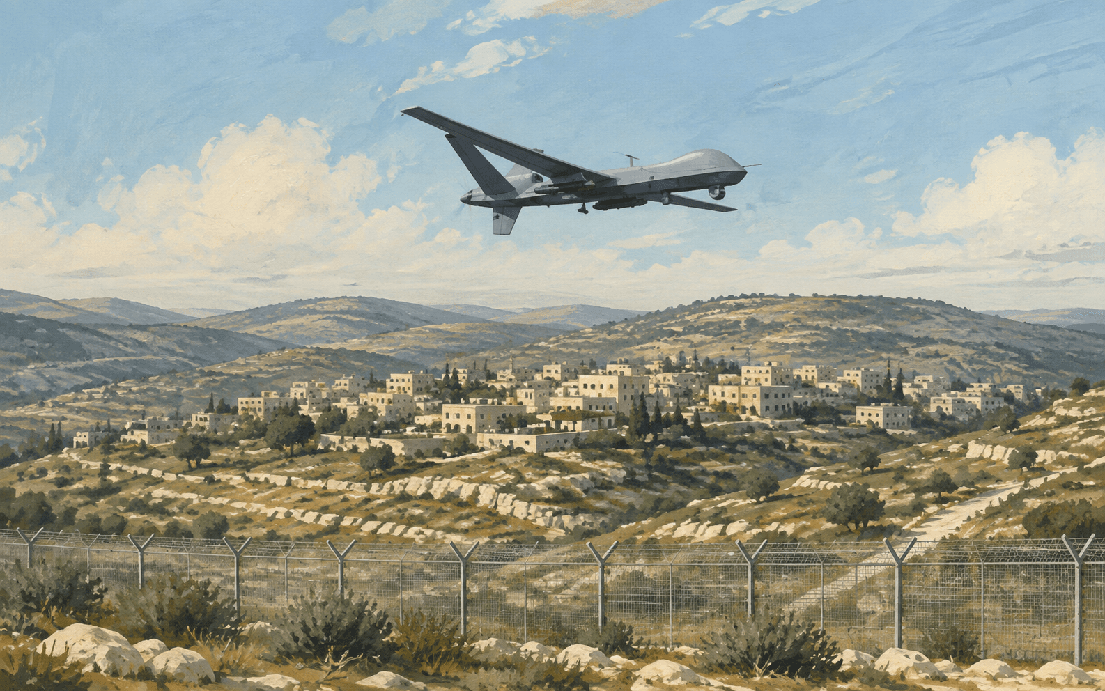 Editorial illustration of a drone over the southern Lebanon border landscape.