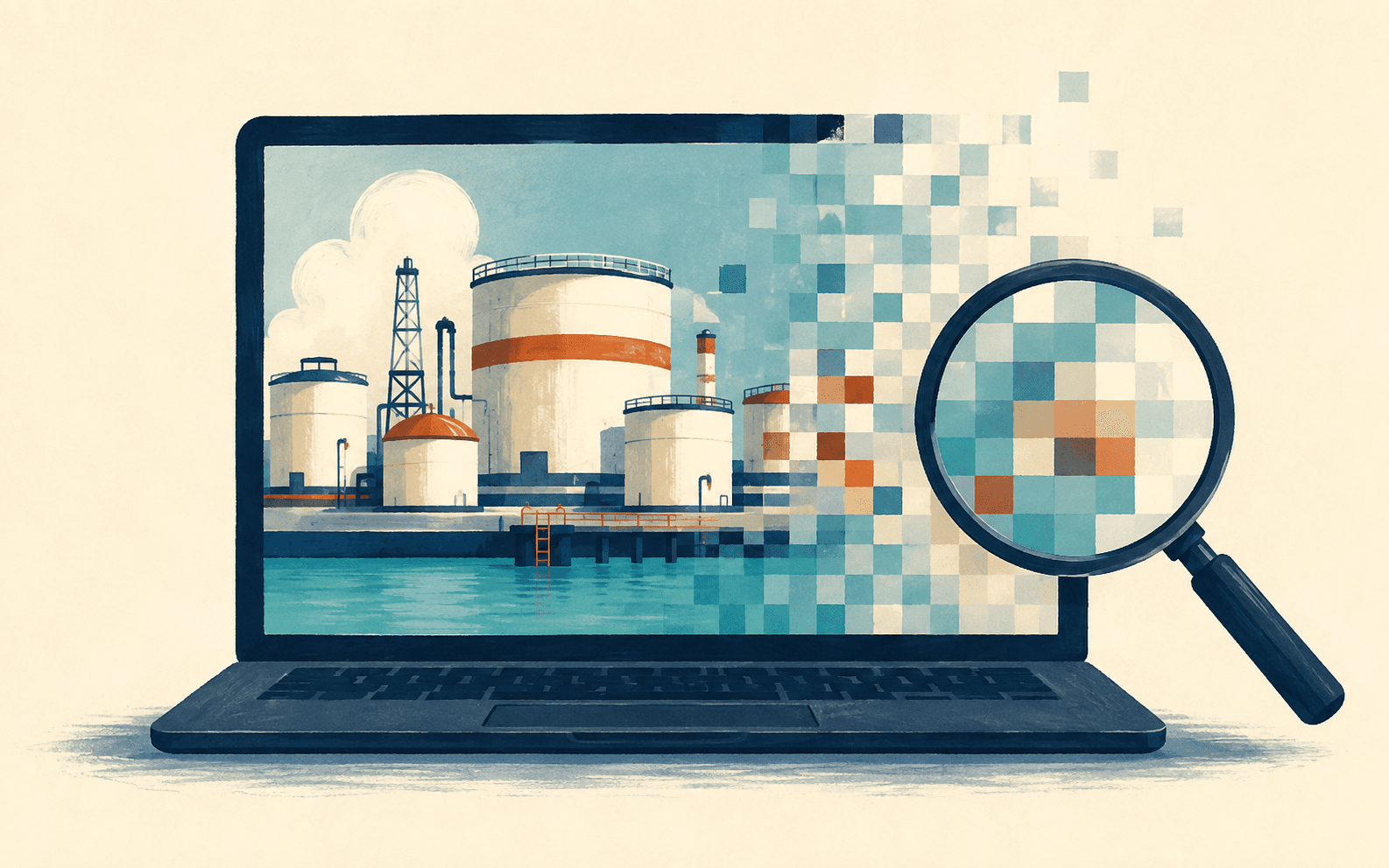 Editorial illustration of a fictional oil-terminal graphic dissolving into pixels under a magnifying glass.