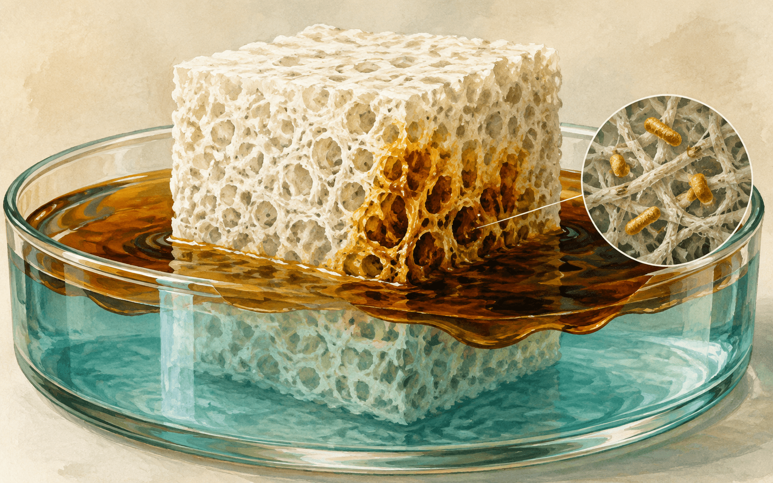 Editorial science illustration of porous aerogel absorbing oil, with a bacteria detail inset.